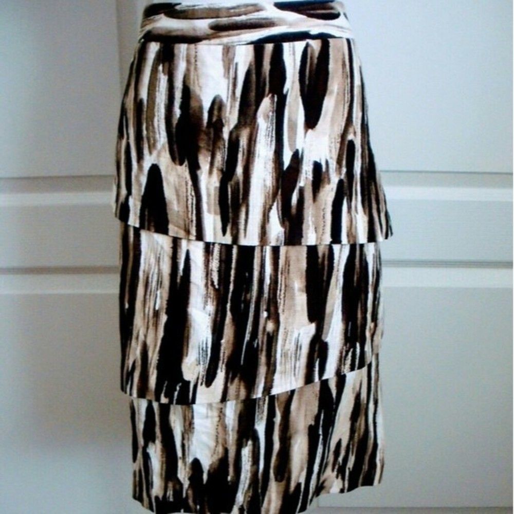 NWT TIERED SKIRT LINEN BLEND KNEE LENGHT BROWN OFF WHITE SZ 12 WOMENS SZ 12